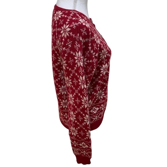 Talbots 100% wool Nordic fair isle cardigan sweater red snowflakes design size 8 - Picture 8 of 11